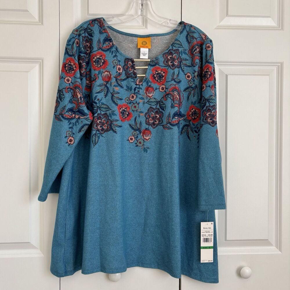 RUBY RD. WOMEN'S TOPS L/1X PULLOVER BLUE FLORAL KNIT 3/4 SLEEVES KEYHOLE NECK